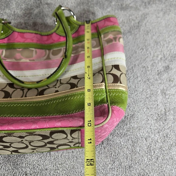 Coach Stripe Signature Monogram Purse Canvas Leather Tote Bag Pink Green - Picture 5 of 16